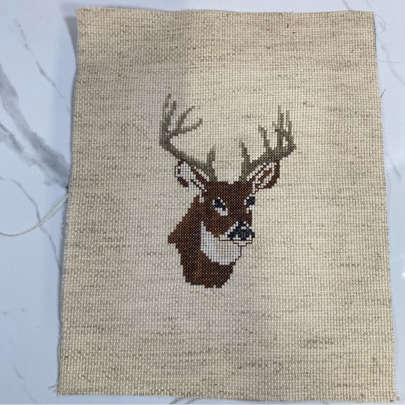 Unframed Completed Cross Stitch Deer Buck Khaki Color Fabric Cabin Decor Outdoor - Picture 1 of 5
